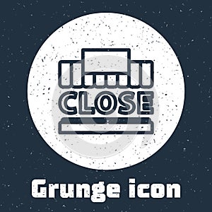 Grunge line Shopping building or market store and text closed icon isolated on grey background. Shop construction