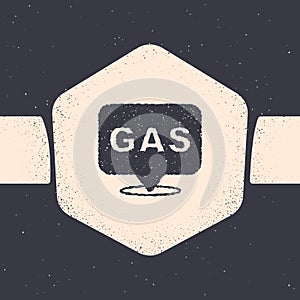 Grunge Location and petrol or gas station icon isolated on grey background. Car fuel symbol. Gasoline pump. Monochrome