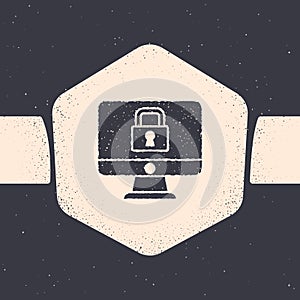 Grunge Lock on computer monitor screen icon isolated on grey background. Security, safety, protection concept. Safe