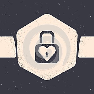 Grunge Lock and heart icon isolated on grey background. Locked Heart. Love symbol and keyhole sign. Valentines day