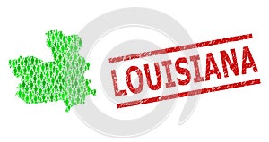 Grunge Louisiana Stamp Imitation and Green People and Dollar Mosaic Map of Castile-La Mancha Province