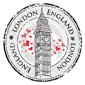 Grunge love heart stamp London Great Britain, Big Ben tower