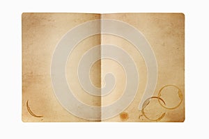 Grunge manila folder with coffee stains, isolated on white. photo