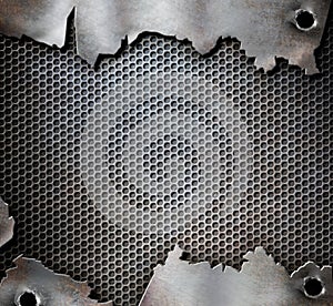 Grunge metal background with bullet holes