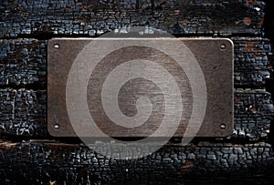 Grunge metal plate over burned wooden background photo