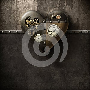 Grunge metal steampunk heart on wood/metal background