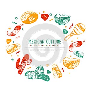 Grunge Mexican Culture frame for Food Restaurant menu, logo, template design with sketch icons of Chili pepper, sombrero