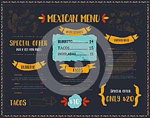 Grunge Mexican Food Restaurant menu, template design with sketch icons of Chili pepper, sombrero, tacos, nacho, burrito