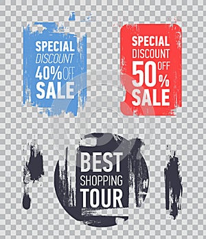 Grunge modern sale stickers. Flat sale labels. Illustration on transparent background.