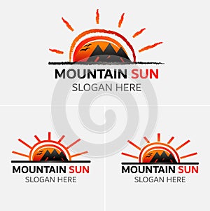 Grunge Mountains logo vector with sun icons