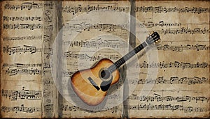 Grunge Music. Grunge background with music sheets and guitar