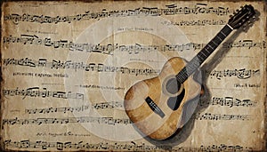 Grunge Music. Grunge background with music sheets and guitar
