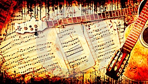 Grunge Music. Grunge background with music sheets and guitar
