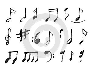 Grunge Music notes Background for Jazz Cover, Symphony Motif. Abstract symbols set