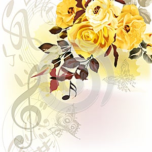 Grunge music romantic background with notes and roses