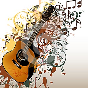 Grunge music vector background with guitar and notes