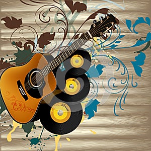 Grunge music vector background with guitar and notes on wooden