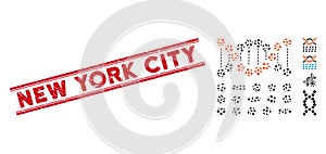 Grunge New York City Line Seal with Collage Genetic Code Icon