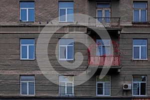 Grunge old building wall background texture windows and air conditioner old and dirty object of post USSR times