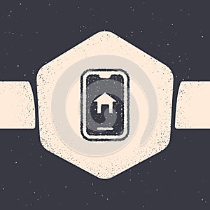 Grunge Online real estate house on smartphone icon isolated on grey background. Home loan concept, rent, buy, buying a
