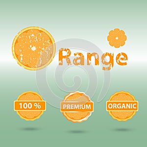 Grunge orange text and badge icon with shadow