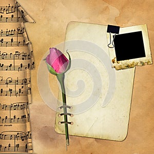 Grunge paper with rose on musical background