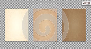 Grunge paper set vector background. Realistic textured old paper collection. Beige and brown pages isolated on transparent