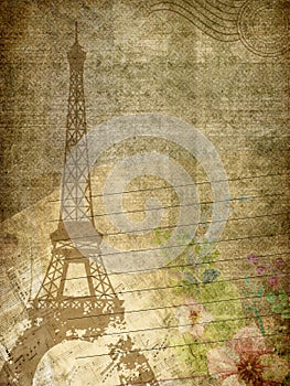 Grunge paper texture with Eiffel tower,music note and flowers.