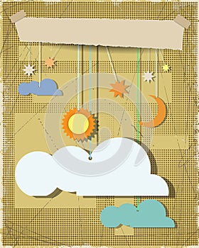 Grunge paper textured background with sun,star,moon with white cloud.Blank cloud design element with place for your text