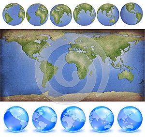 Grunge paper world map with earth globes