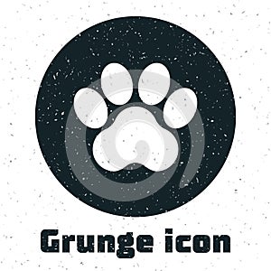 Grunge Paw print icon isolated on white background. Dog or cat paw print. Animal track. Monochrome vintage drawing