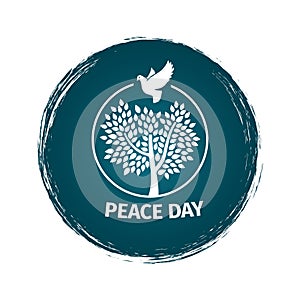 Grunge peace day logo with dove and tree