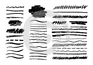 Grunge pencil line. Scribble chalk brush, black doodle graphite art texture, hand drawn sketch elements. Vector grungy photo