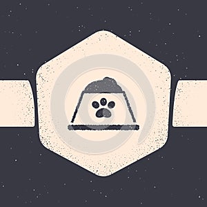 Grunge Pet food bowl for cat or dog icon isolated on grey background. Dog or cat paw print. Monochrome vintage drawing