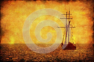 Grunge picture of alone sailing ship