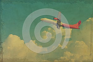 Grunge plane over retro sky cloud background