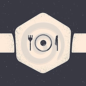 Grunge Plate, fork and knife icon isolated on grey background. Cutlery symbol. Restaurant sign. Monochrome vintage