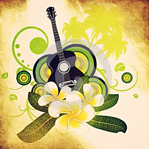 Grunge plumeria flowers and guitar