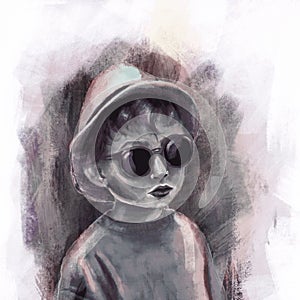 Grunge pop art portrait of a little boy in a hat and sunglasses