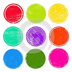 Grunge post stamps collection of colored circles. Banners, insignias , logos, icons, labels and badges set. Blank shapes. Vector