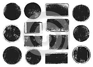 Grunge post stamps. Round and rectangular badges with distressed texture. Scratched blank rubber seal stamp vector photo