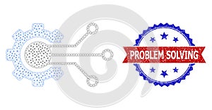 Grunge Problem Solving Round Rosette Bicolor Seal Stamp and Mesh Wireframe Gear Solution