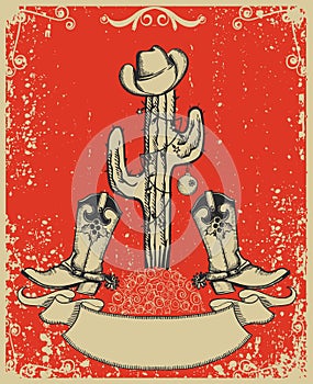 Grunge red christmas card with cowboy boots