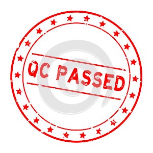Grunge red QC quality control passed word with star icon round rubber stamp on white background