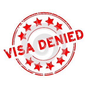 Grunge red visa denied with star icon round rubber stamp on white background
