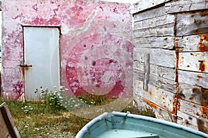 Grunge red wall aged weathered wood boat