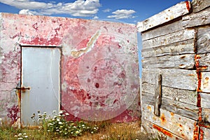 Grunge red wall aged weathered wood corner