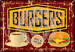 grunge retro Burger, Hamburger, diner tin sign, vintage advertising signage vector