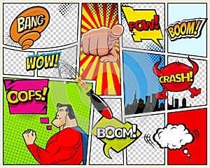 Grunge Retro Comic Speech Bubbles. Background with radial halftone effects and rays in pop-art style. Abstract Talking