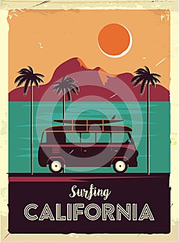 Grunge retro metal sign with palm trees and van. Surfing in California. Vintage advertising poster. Old fashioned design